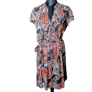 db established 1962 Paisley Tie Waist Pleated Boho Short Sleeve Dress - 14